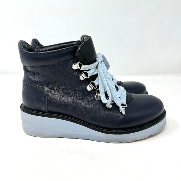 Urban Outfitters Platform Boots 6 Blue Leather Utility Combat Casual Wedge - Picture 2 of 11